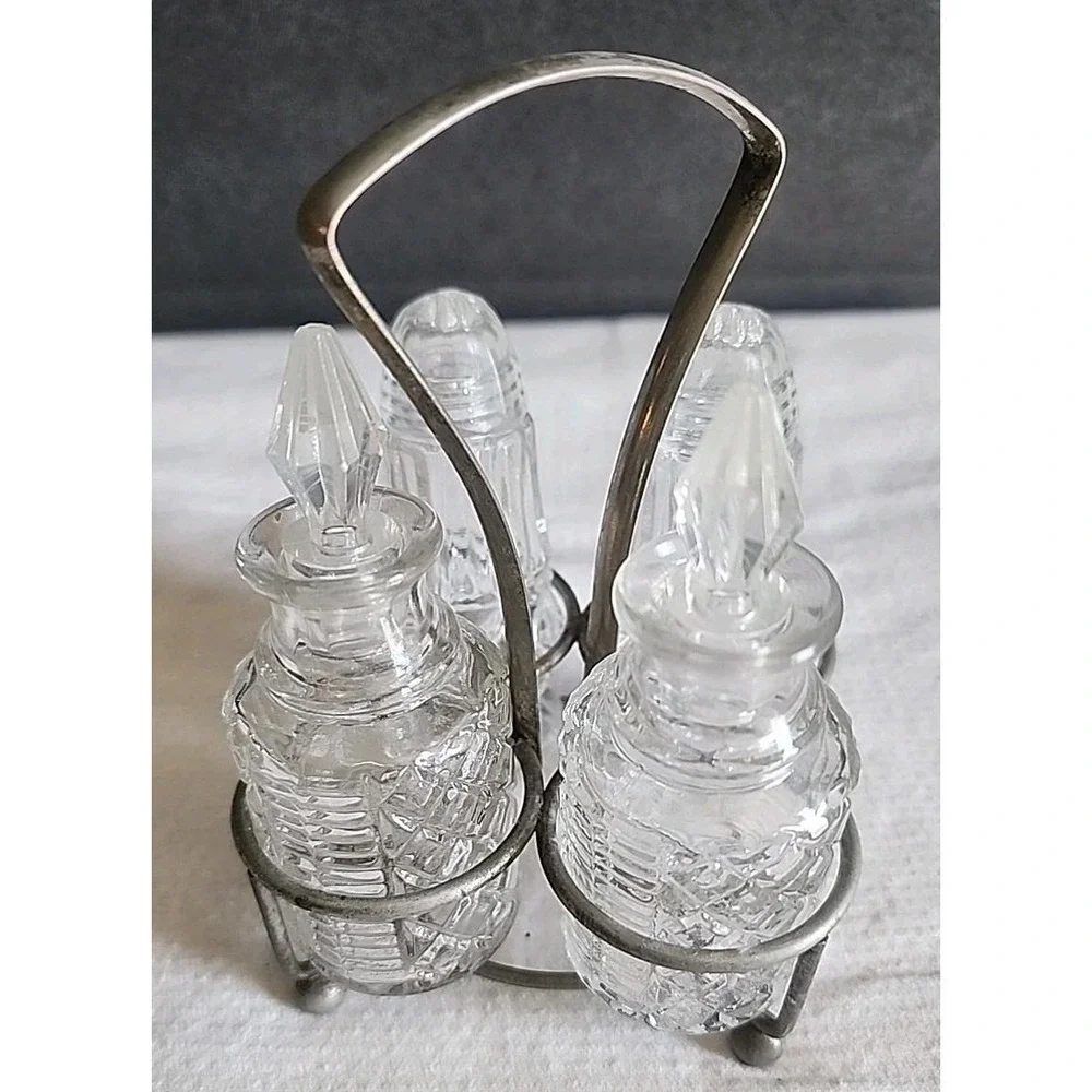 Eales Of Sheffield Cut Glass 4 Bottle Condiment Cruet Caddy Silver Plated VTG